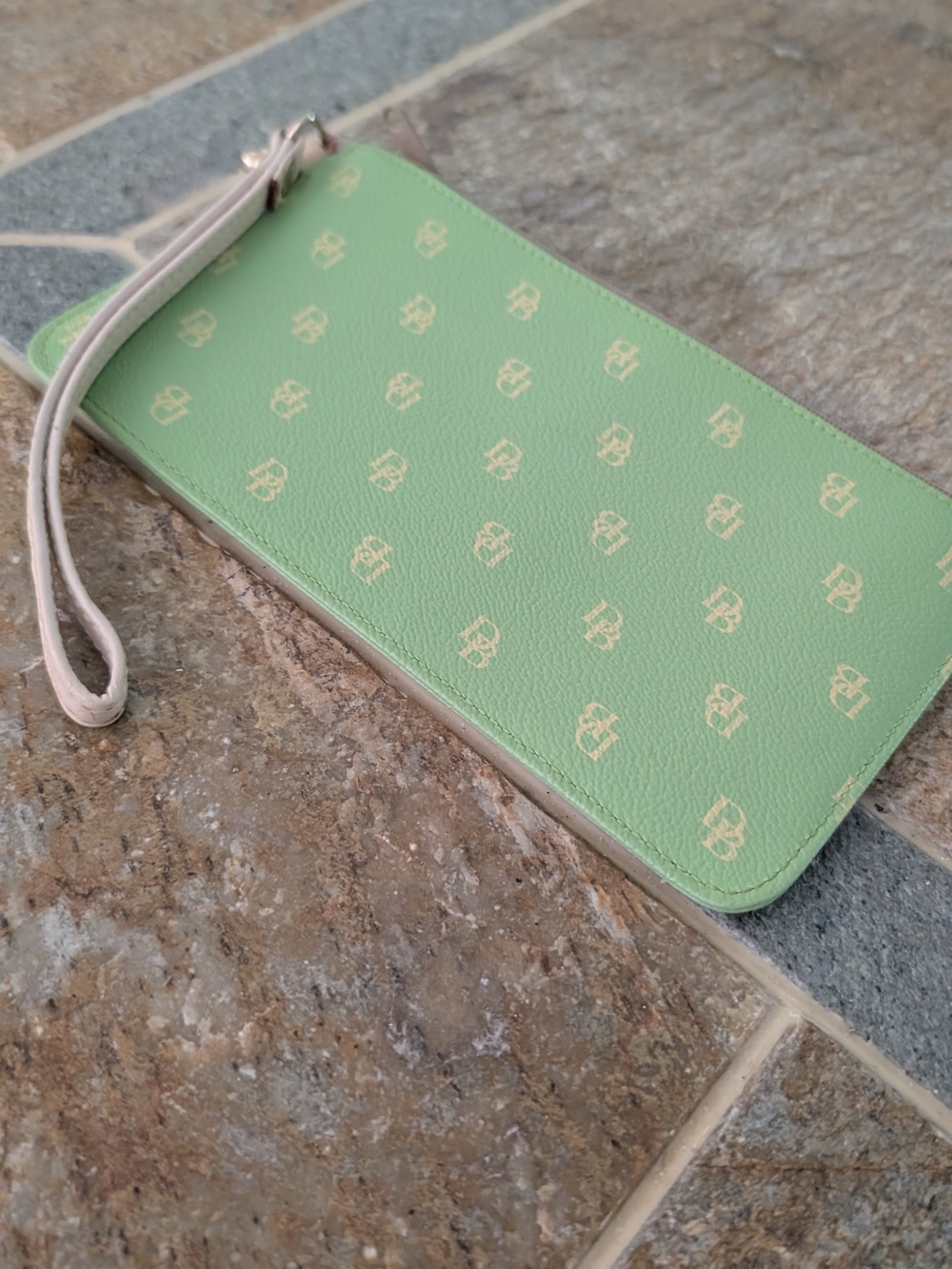 DOONEY AND BOURKE Mint Green Wristlet Phone Clutch with Cream Monogram